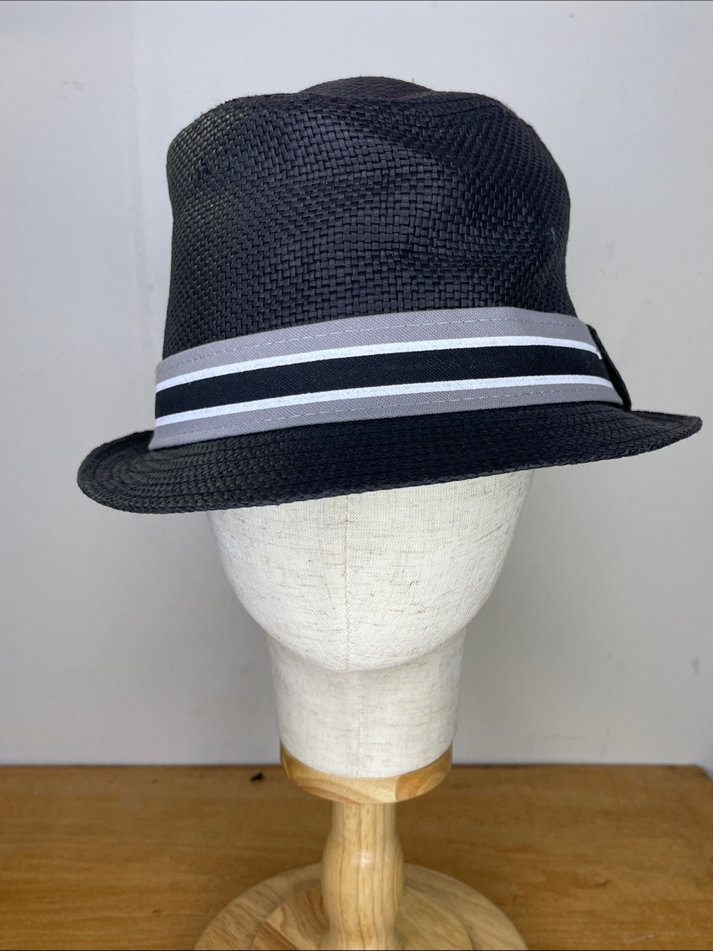 Black Straw Fedora with Gray & White Stripe Band